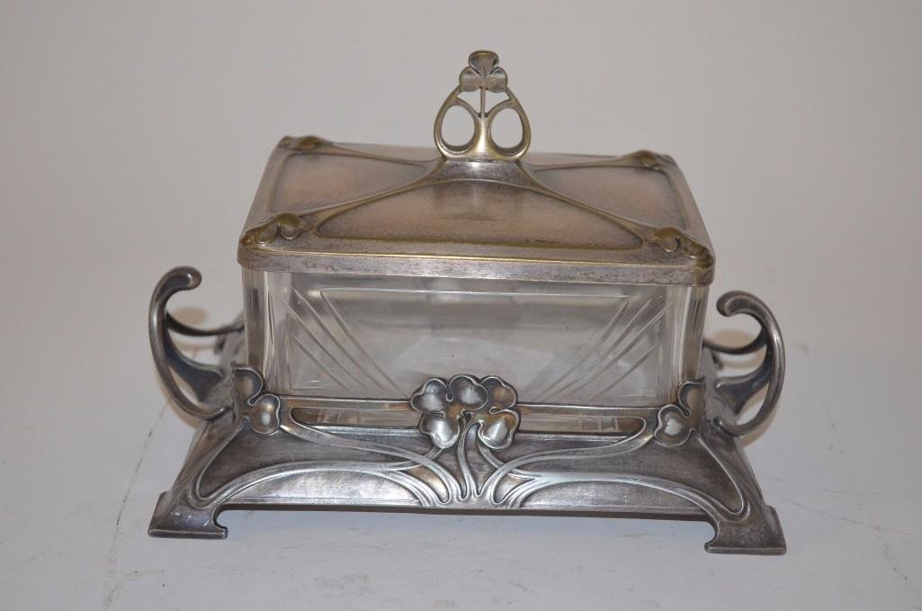 Art Nouveau Silvered Metal & Cut Glass Footed Box: Art Nouveau Silvered Metal & Cut Glass Footed Box; L: 8 Inches