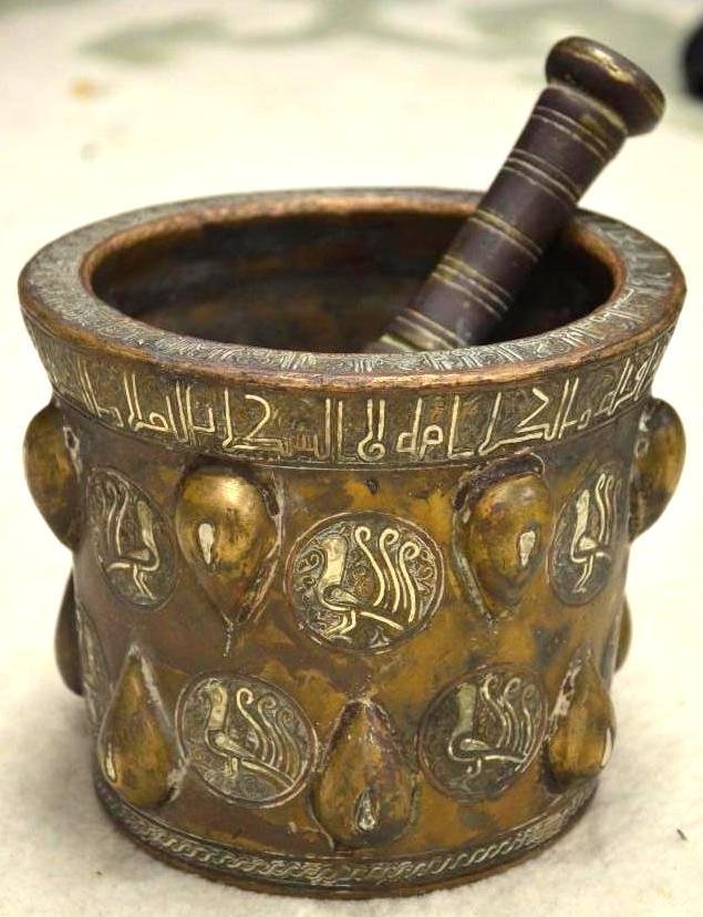 Islamic Bronze Silver Inlaid Mortar & Thistle (1 of 4)