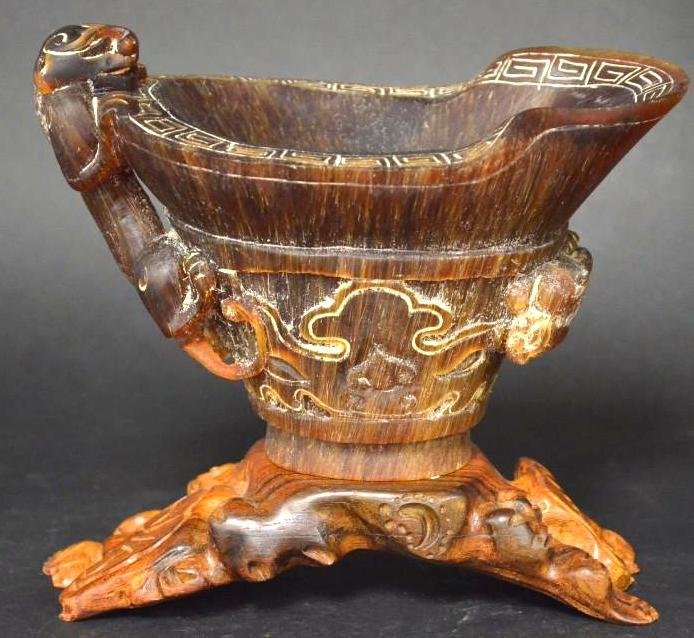 Carved Horn Libation Cup on a Hardwood Stand (1 of 5)