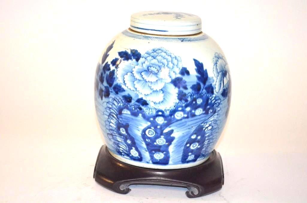 Chinese Blue & White Lidded Jar & Wood Stand (1 of 4)
