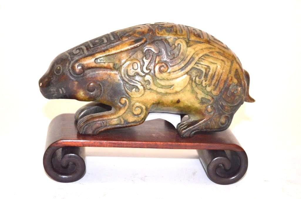 Carved Jade Animal On Wood Stand: Carved Jade Animal On Wood Stand; L: 7 Inches