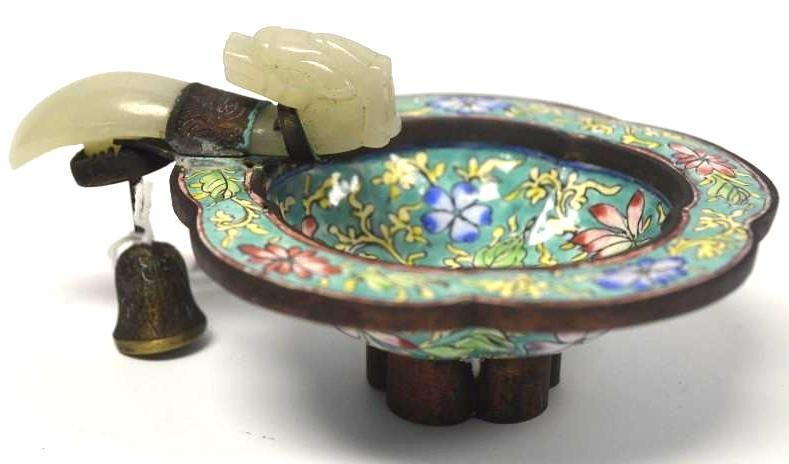 Chinese Enamel Copper Tripod Dish With Jade Belt Hook (1 of 4)