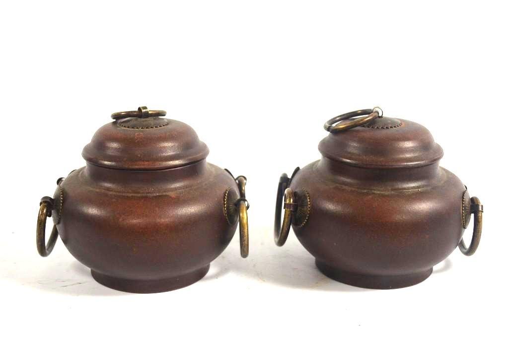 Two Brown Lidded Jars: Two Brown Lidded Jars; H: 4 Inches