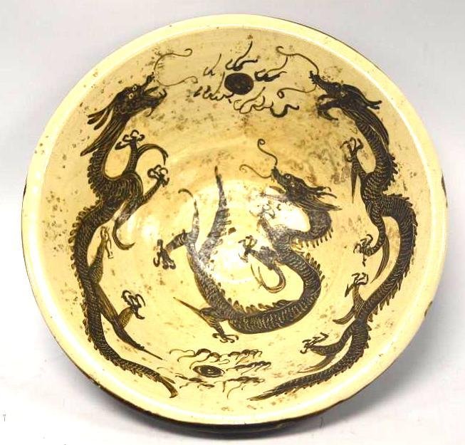 Brown & White Cizhu Glaze Porcelain Dragon Bowl: Brown & White Cizhu Glaze Porcelain Dragon Bowl; D; 13 Inches