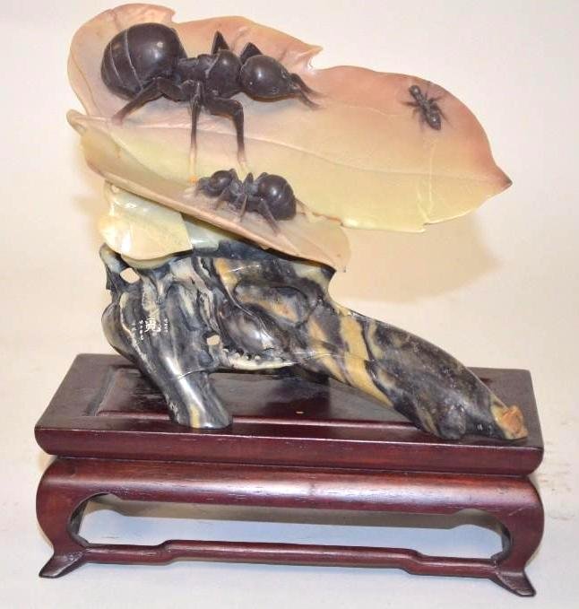 Chinese Carved Soapstone Statue of Ants on Leaf (1 of 6)