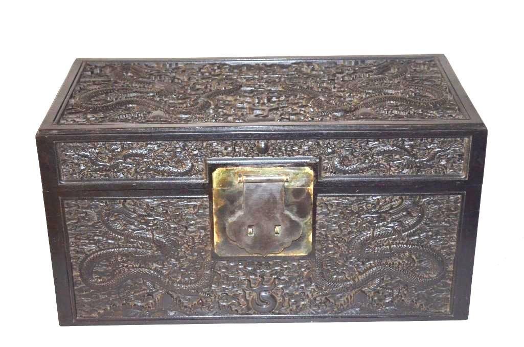 Carved Zitan/Hardwood Dragon Box With Bronze Fittings (1 of 8)