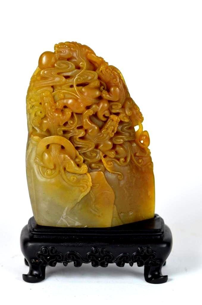 Chinese Carved Shoushan Stone Mountain On Wood Stand (1 of 4)