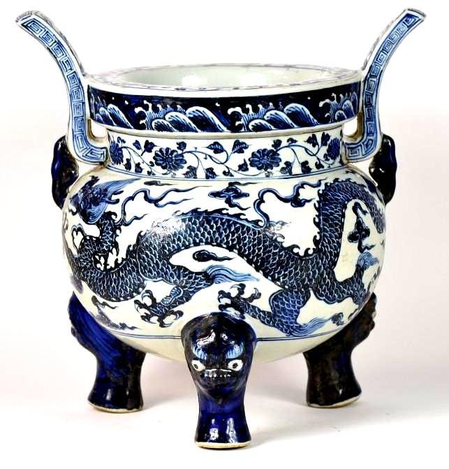 Chinese Blue & White Dragon Porcelain Tripod Censer (1 of 5)