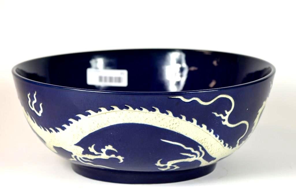 Large Chinese Cobalt Blue Glaze Dragon Porcelain Bowl (1 of 4)