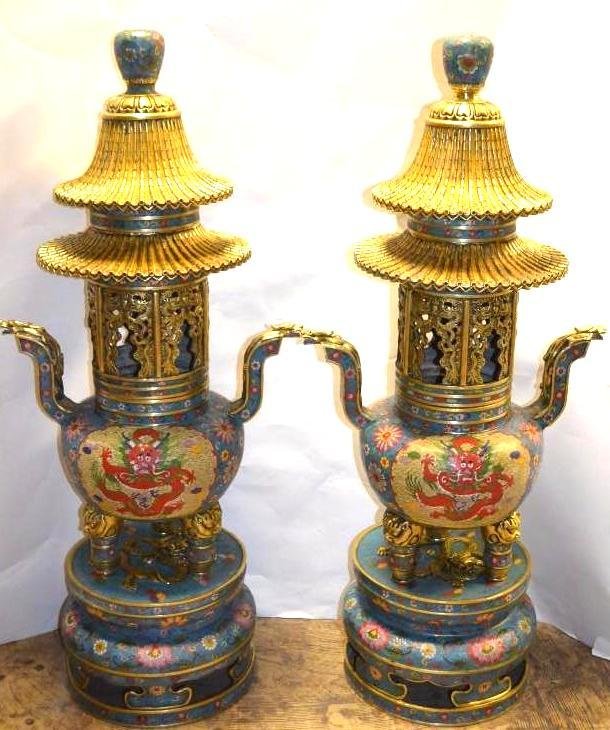 Pair of Chinese Bronze & Cloisonne Enamalled Censers (1 of 9)
