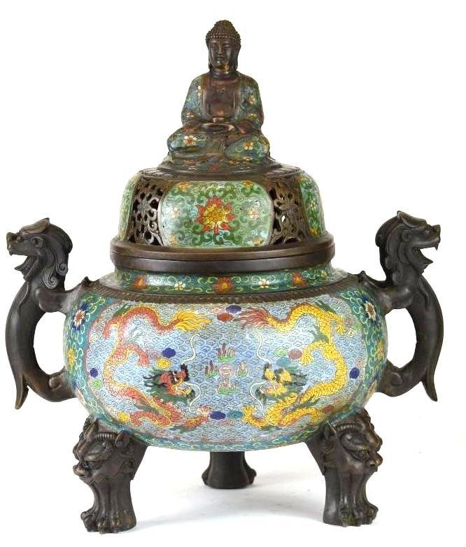 Large Chinese Bronze & Enamel Cloisonne Tripod Censor (1 of 8)