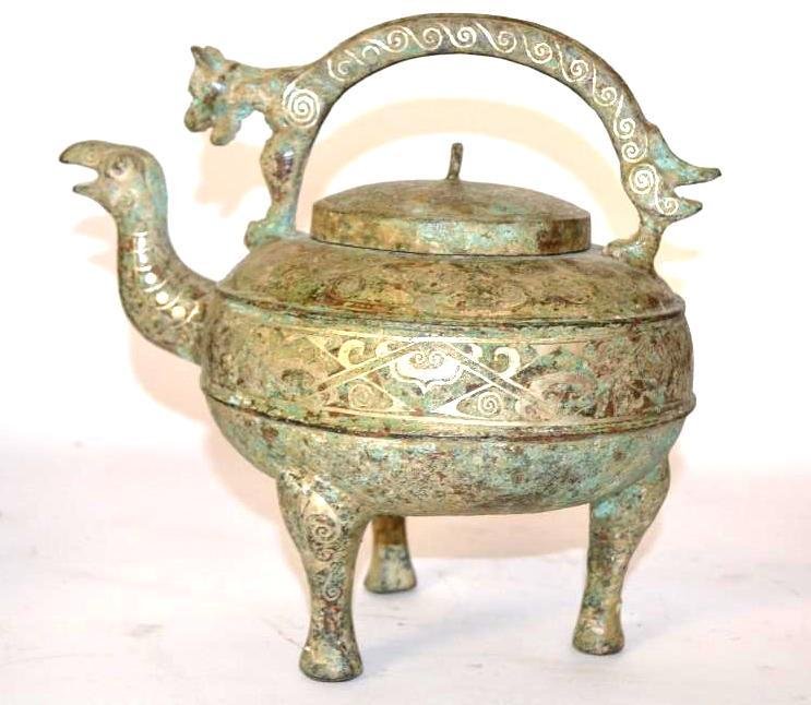 Chinese Bronze Silver Inlaid Tripod Kettle (1 of 10)
