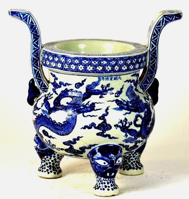 Chinese Blue & White Porcelain Dragon Tripod Censer (1 of 6)