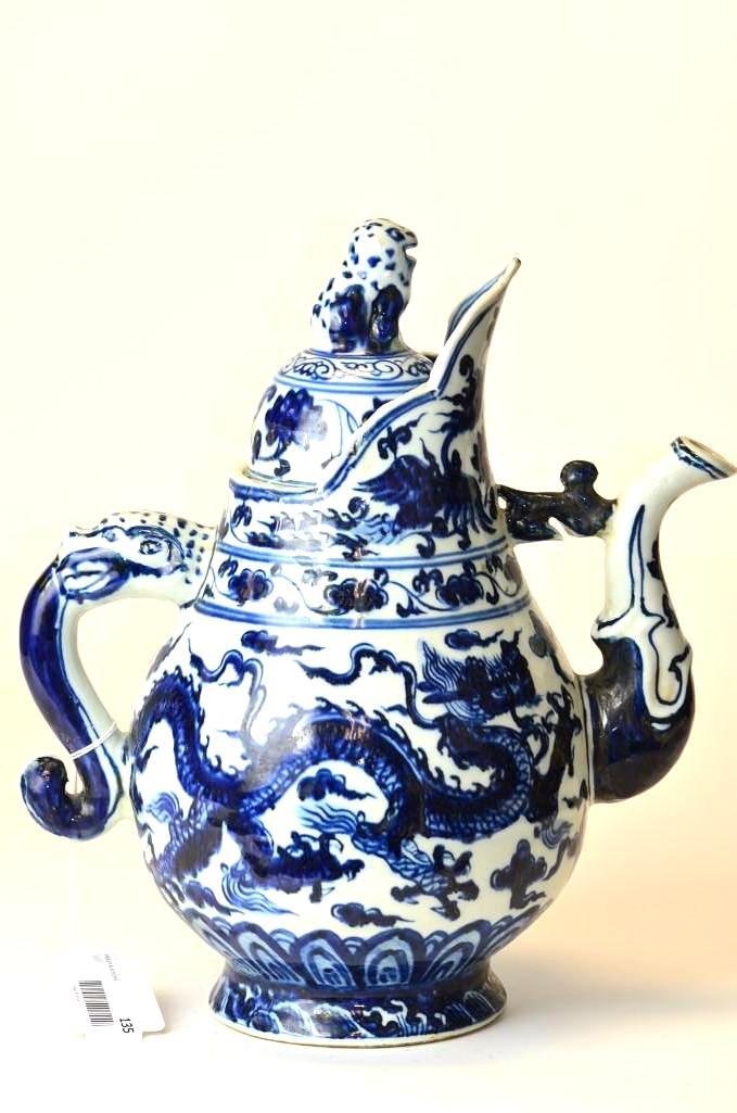 Chinese Blue & White Lidded Dragon Tea Pot (1 of 5)