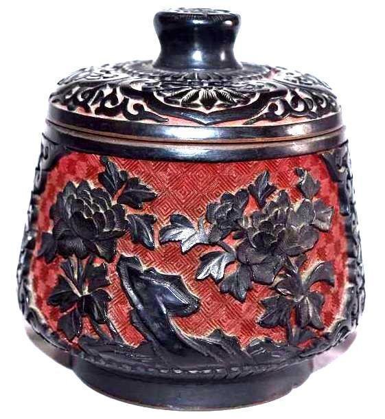 Chinese Carved Black & Red Cinnabar Lidded Jar (1 of 8)