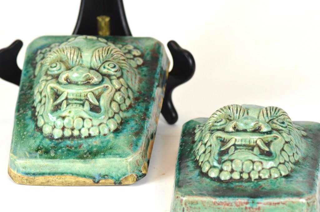 Chinese Celadon Glaze Foo Lion Head Wall Plaques (1 of 4)