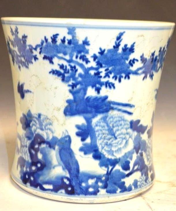 Chinese Blue & White Porcelain Brush Washer: Chinese Blue & White Porcelain Brush Washer Depicting a scene of birds amongst flowers and trees with six character mark to the base.; H: 8.5 Inches