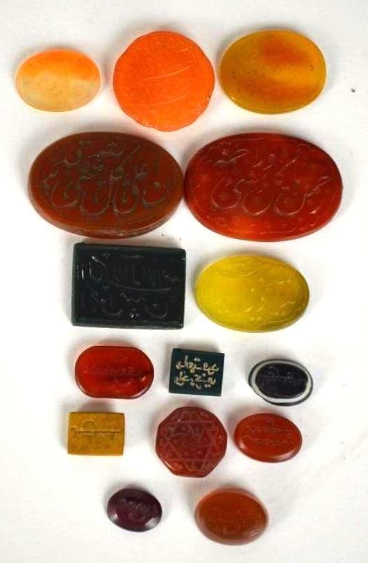 Fifteen IslamicCarnelian Intaglio Seals with Calligraph: Fifteen Islamic Carnelian Intaglio Seals with Calligraphy, D: 0.5 Inches