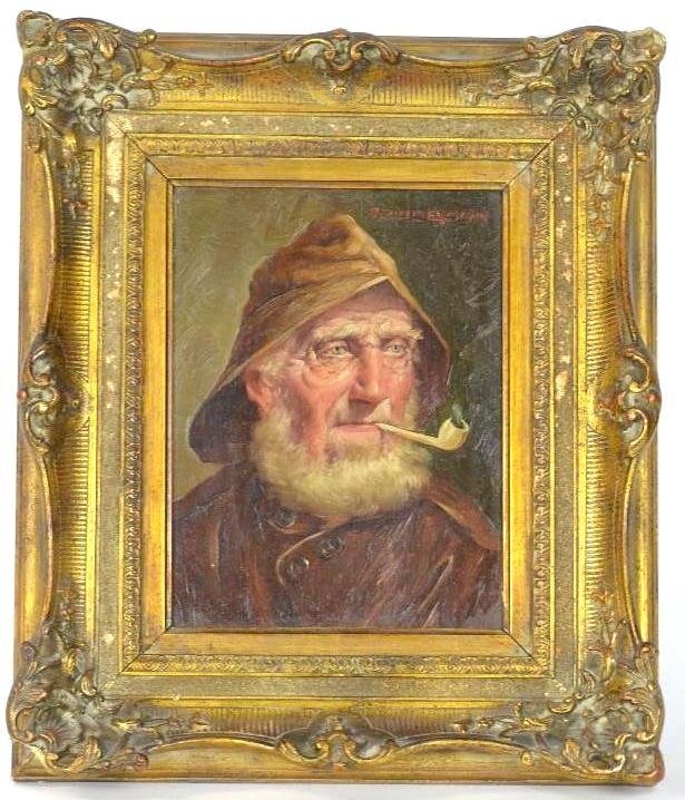 Signed Oil Painting Of Bavarian Man Smoking Pipe Signed Oil Painting Of Bavarian Man Smoking Pipe