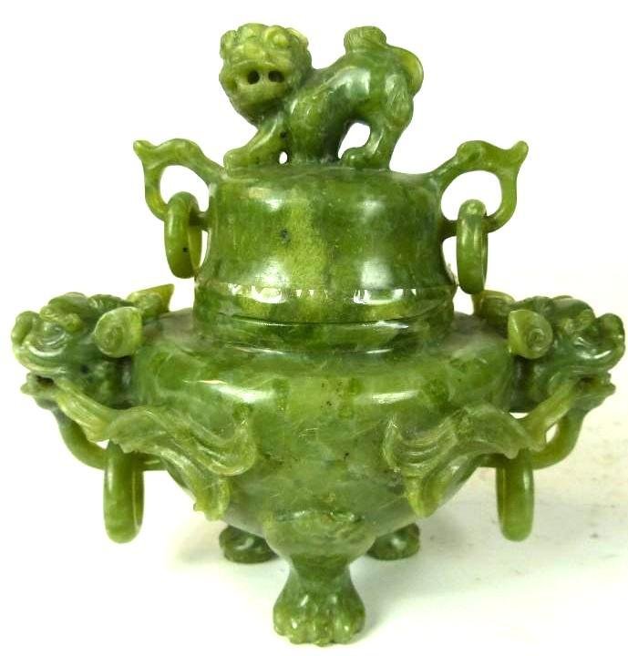Carved Spinach Jade Lidded Tripod Censer (1 of 6)