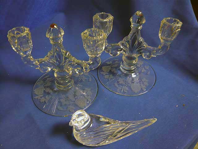 Pair of Elegant Depression Glass Candlesticks &: Waterford Crystal Bird