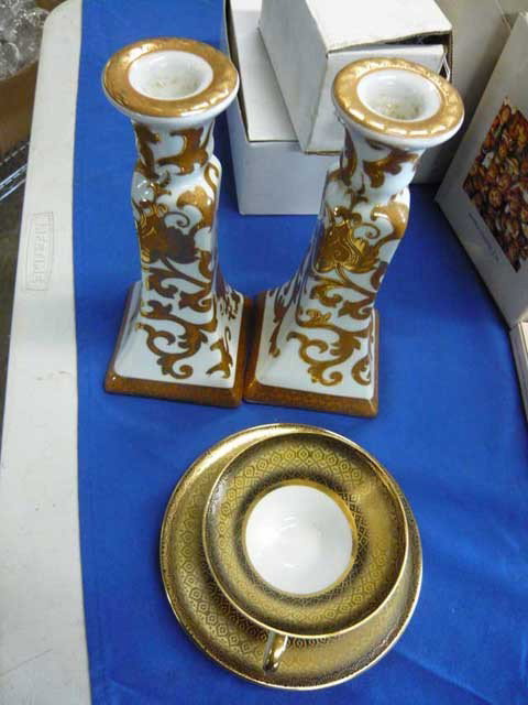 Lot: Winterling Bavaria luncheon set for 6; Pr: early gold chased candle sticks, Covered Bowl