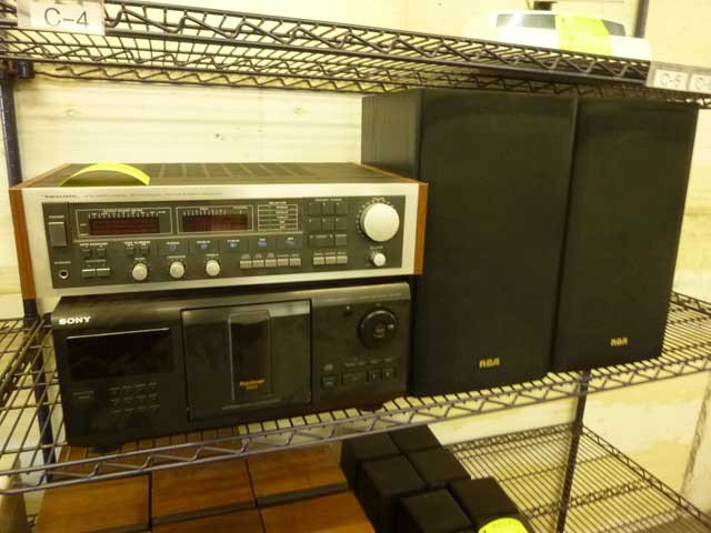 Realistic Stereo Receiver, Sony 200 Disc CD: Player and a Pair of RCA Speakers