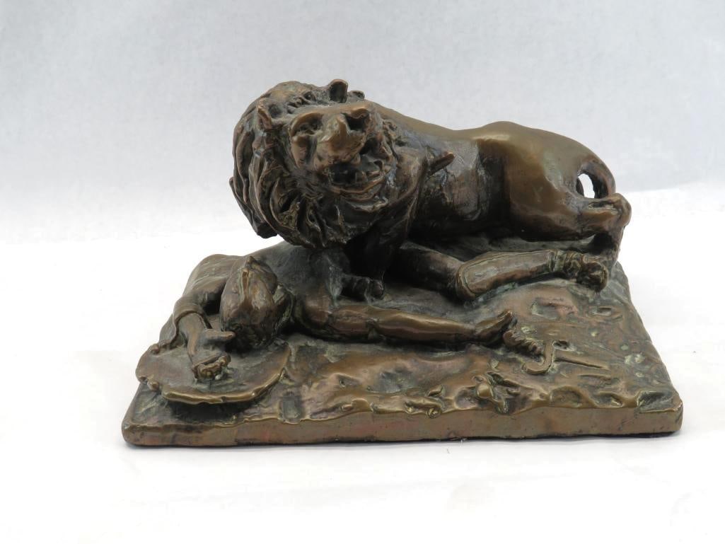 Edwards O'Boyle Copper Over Plaster Sculpture: "Lion Slaying Gladiator", 11.5"L