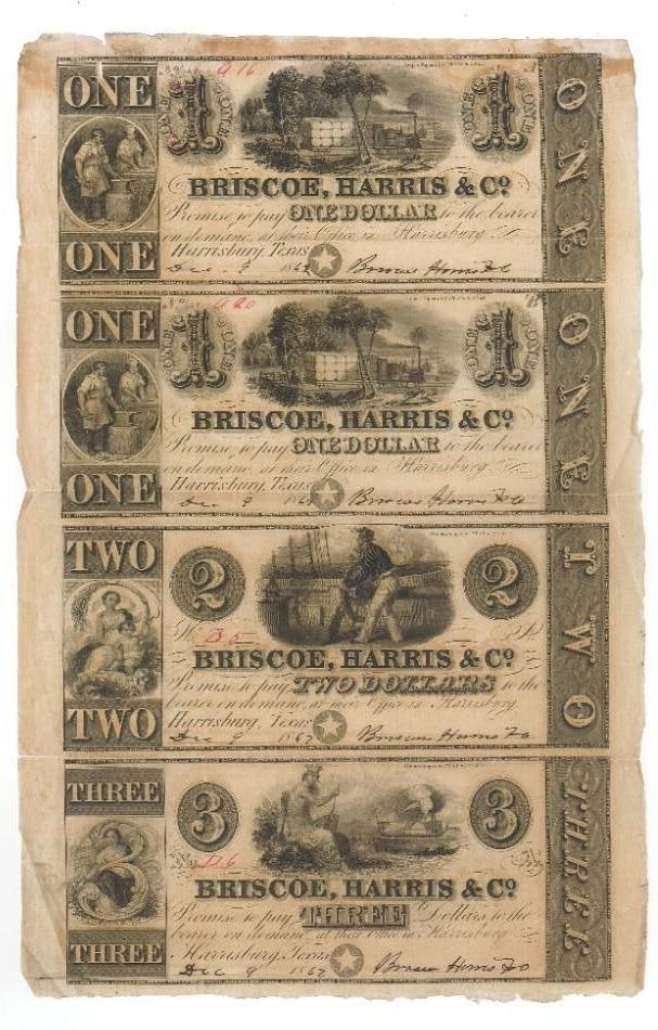 Briscoe, Harris & Co. Uncut Obsolete Currency Sheet (1 of 4)