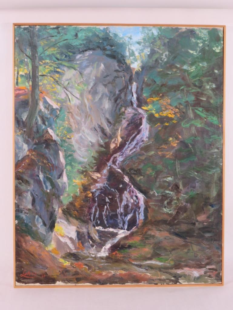 Arnold Lahee Oil on Canvas Painting: (1888-1976), active / lived in VT & MA, landscape with brook, titled on verso "Moss Elm, near Stowe, VT?", 30" x 24", signed lower left, 1960