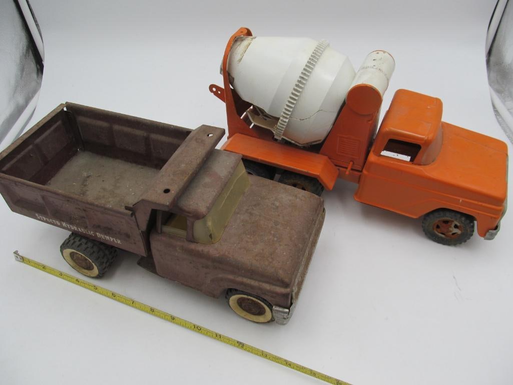 (2) Pressed Steel Trucks: Tonka Cement Mixer, Structo Dump Truck, 14" long, rough