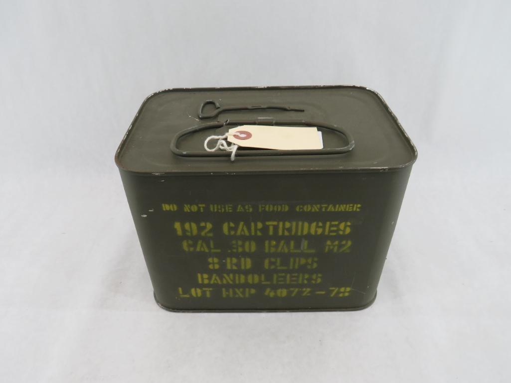 Unopened Can of (192) .30 Ball M2 Cartridges: in Garand clips, in bandoliers