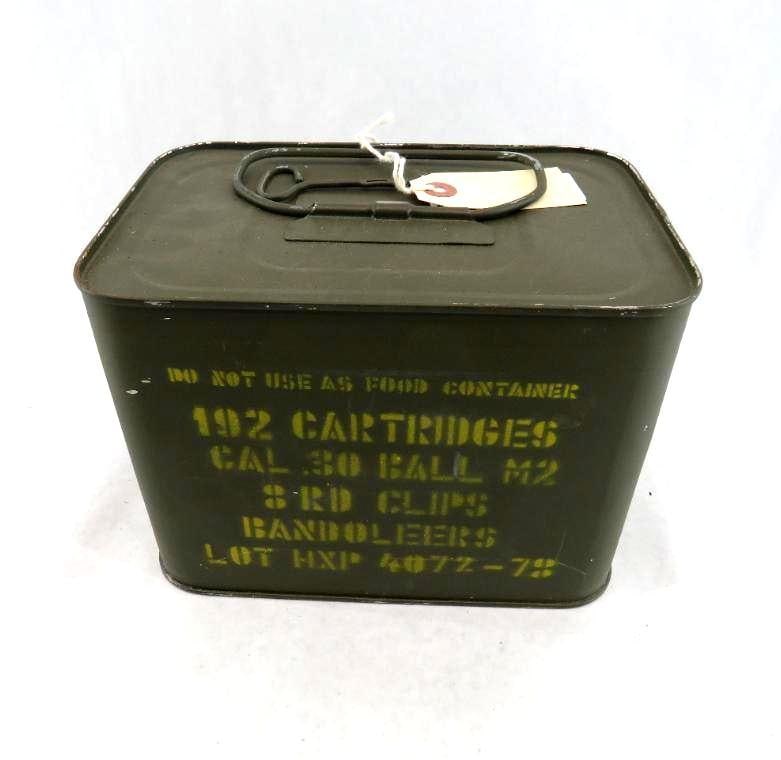 Unopened Can of (192) .30 Ball M2 Cartridges: in Garand clips, in bandoliers