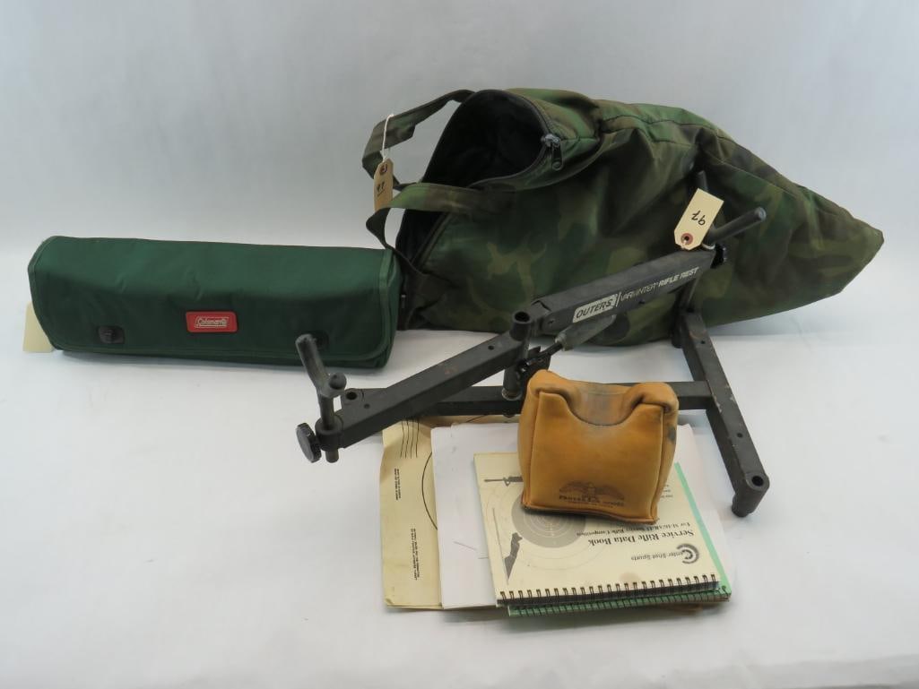 Shooting Equipment: Coleman SF-831T spotting scope, 20x-60x; Champion's Choice tripod stand; sand bag; Outers Varminter rifle rest; targets & log books