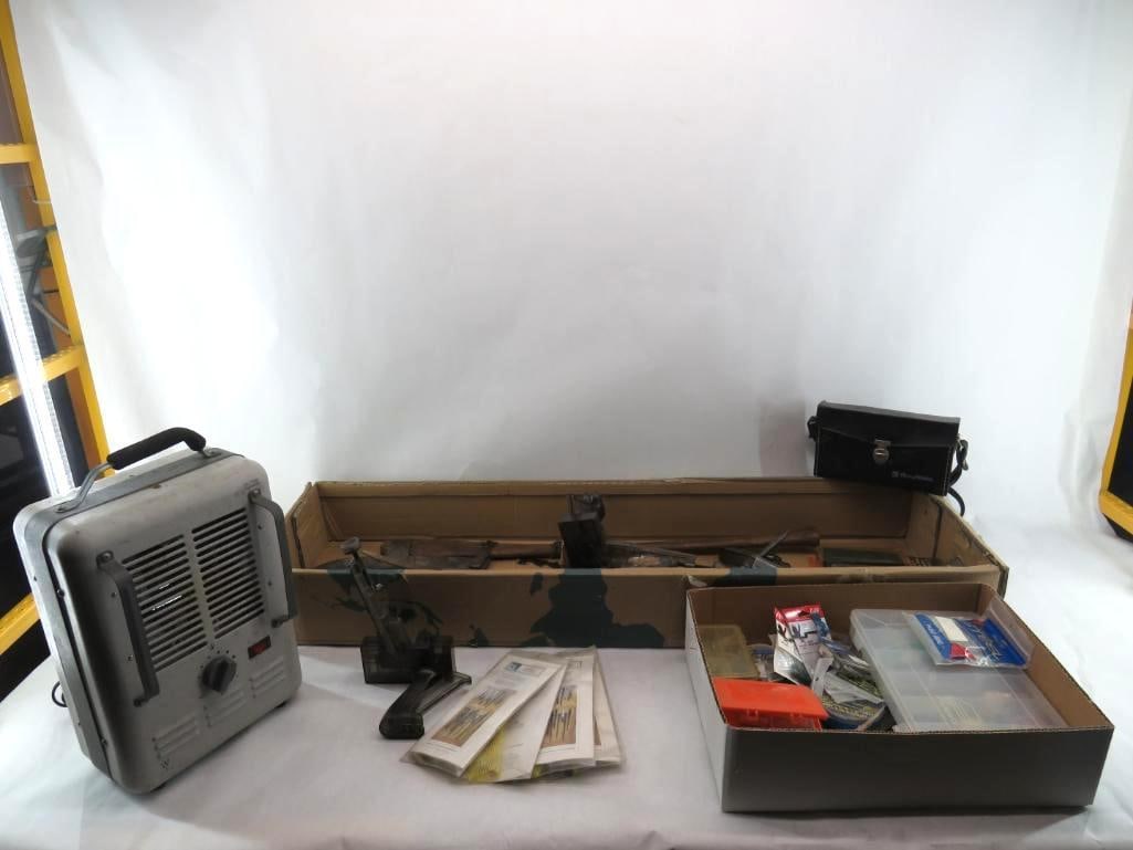 Gun Show Lot: Bell & Howell Super 8 Zoom 1201 Video Camera, (4) On Target Technologies Crib & Cradle Storage Systems, Herter's Powder Measure w/ Stand Missing Hopper Cap, M-5 Combo Wrench, M-5 Combo Wrench, M-5 Com