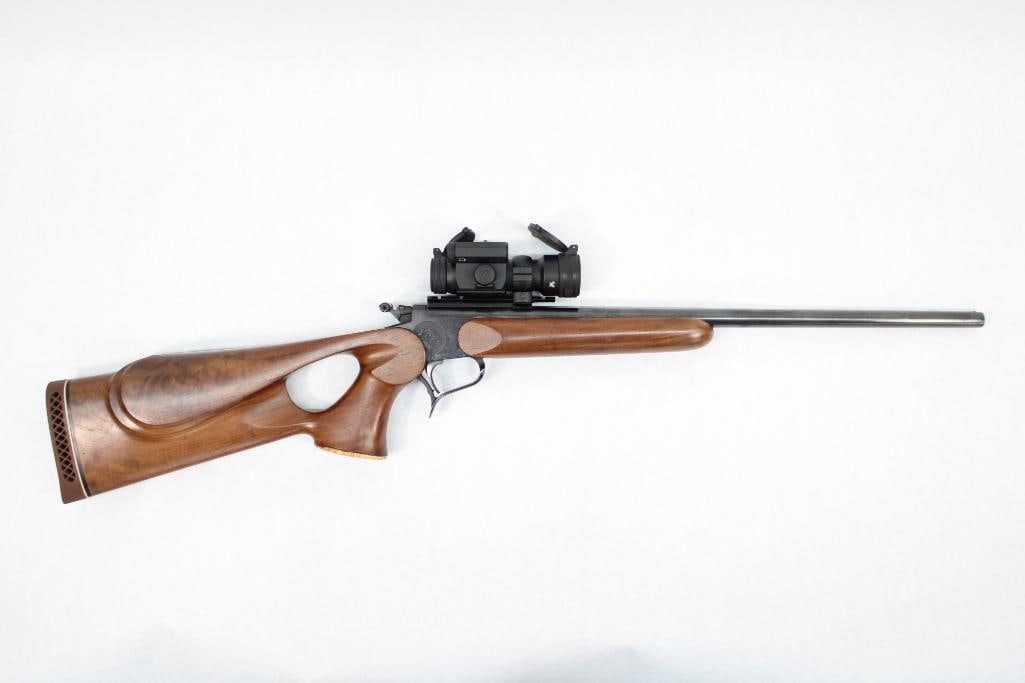 Thompson/Center Contender Single Shot Rifle: s.n. 222995, .35 Rem., 21" round barrel, thumb hole stock, vortex strikefire red/green dot sight, Modern. (24-0109)