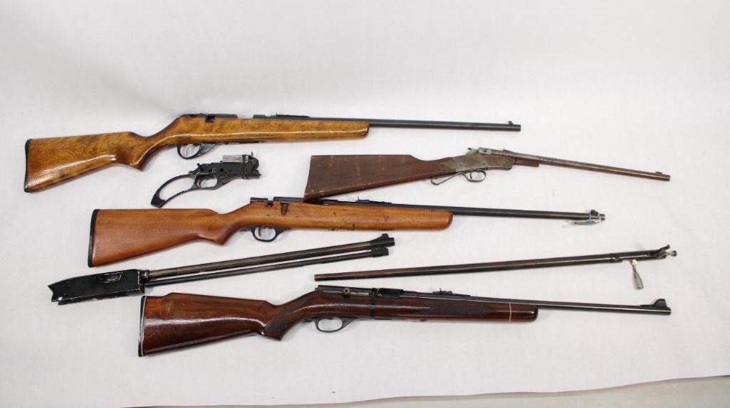 (6) pc. Gunsmith's Rimfire Rifle Lot: Globe Firearms Single Shot Rifle, s.n. 970, .22 LR, lacking the bolt. Modern (24-0136); C.J. Hamilton No. 27 Single Shot Rifle, no s.n., .22 cal. C&R (24-0170); Squires Bingham Model 20 Semi-Automatic