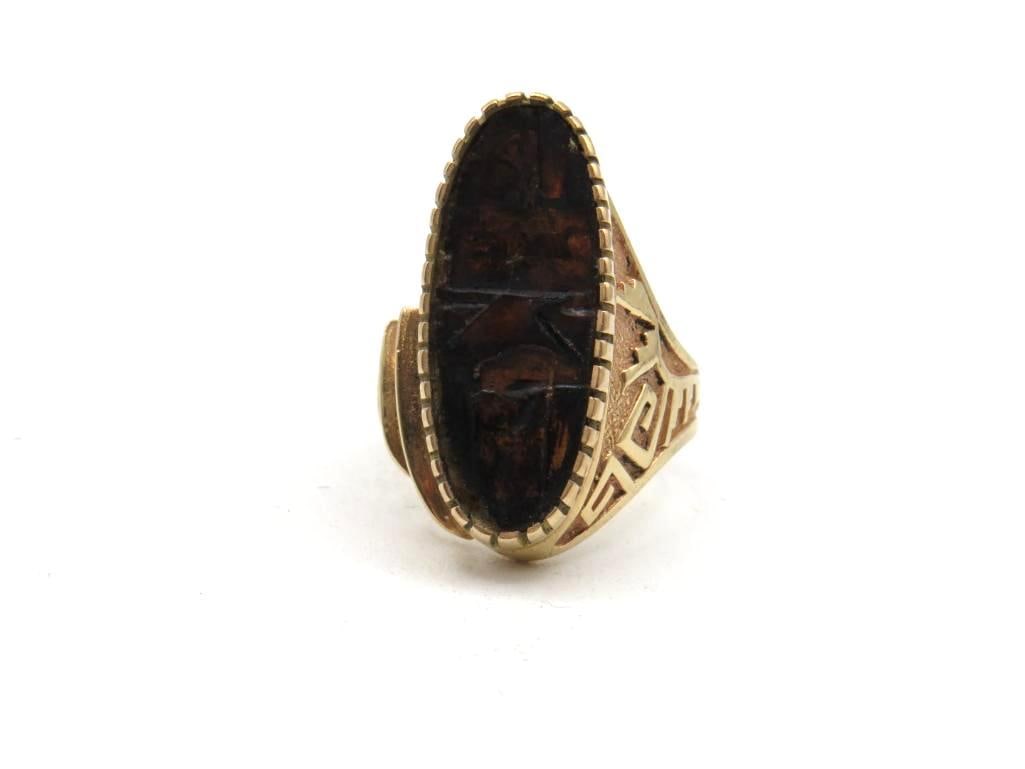 14K Yellow Gold Ring: size approx. 7, unsigned but in the style of Andy Lee Kirk, missing the stone, the interior of the bezel approx. 25.3mm x 9.7mm, acid tested, 9.4 grams