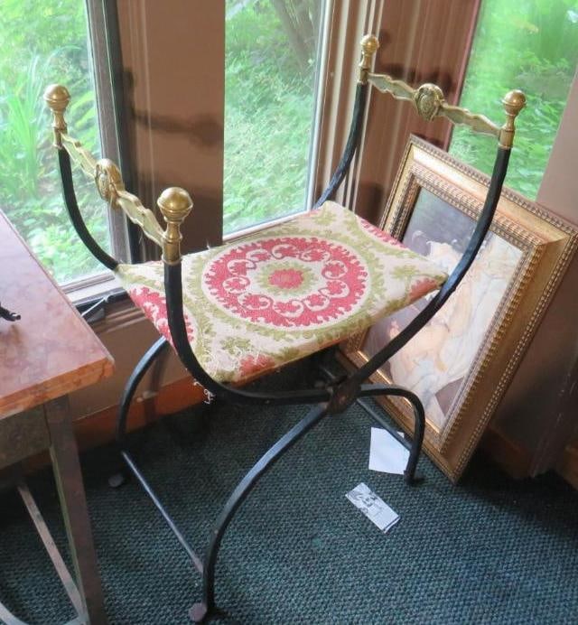 Antique Wrought Iron & Brass Curule Chair (1 of 4)