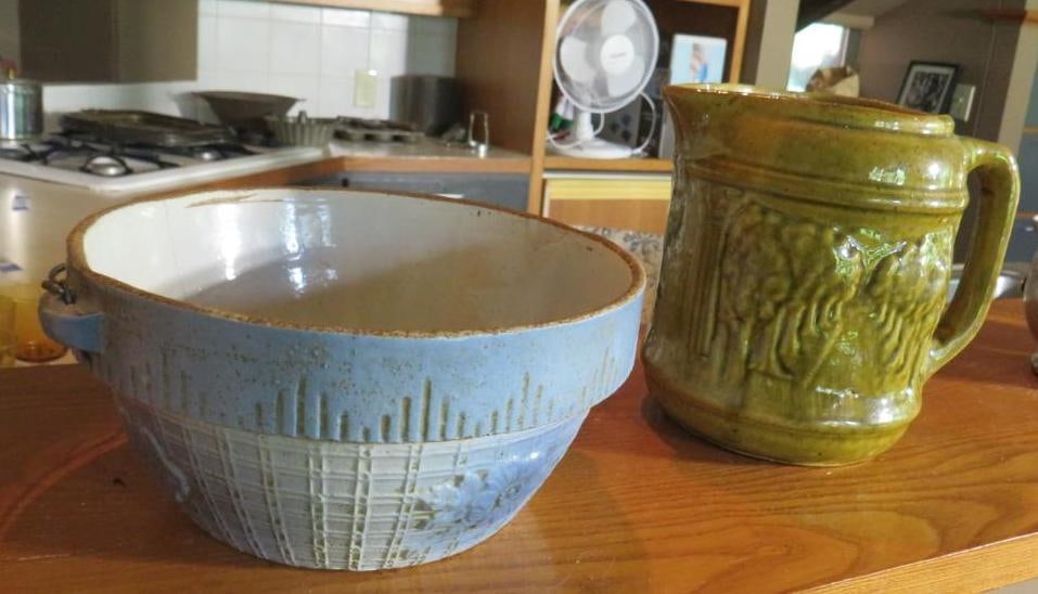Stoneware Bowl with Bail Handle & Water Pitcher: Bowl is Cracked