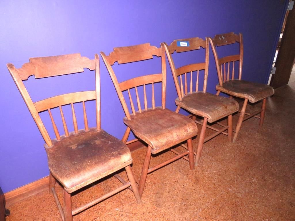 (4) Antique Thumb Back Plank Seat Chairs: (Upstairs Bedroom)
