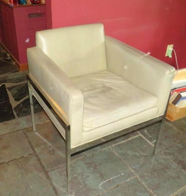 Century Leather & Steel Mid-Century Modern Lounge Chair: 27.5"x26.5"x32"; some cat damage and wear