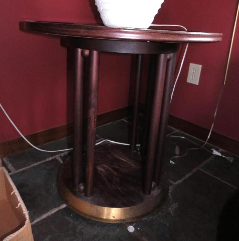 Fledermaus Wood & Glass Cocktail Table by Hoffman for Whitman: designed by Josef Hoffman; 26" dia x 26"h; cherry?; glass top with linen underneath