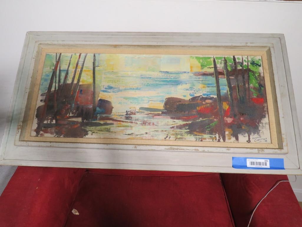 Edward Christiana Oil on Masonite Painting: "Sunlit Sea", 13.5" x 31"; Damage to Frame