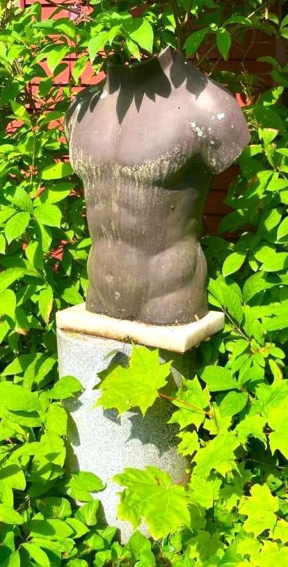 Cast Aluminum 1/2 Male Torso on Granite Base: oav. 48", *BUYER RESPONSIBLE FOR ALL REMOVAL/RIGGING, THERE WILL NOT BE ANY MACHINES ONSITE AND THCO WILL NOT RESPONSIBLE IN THE REMOVAL OF ANY SCULPTURES!