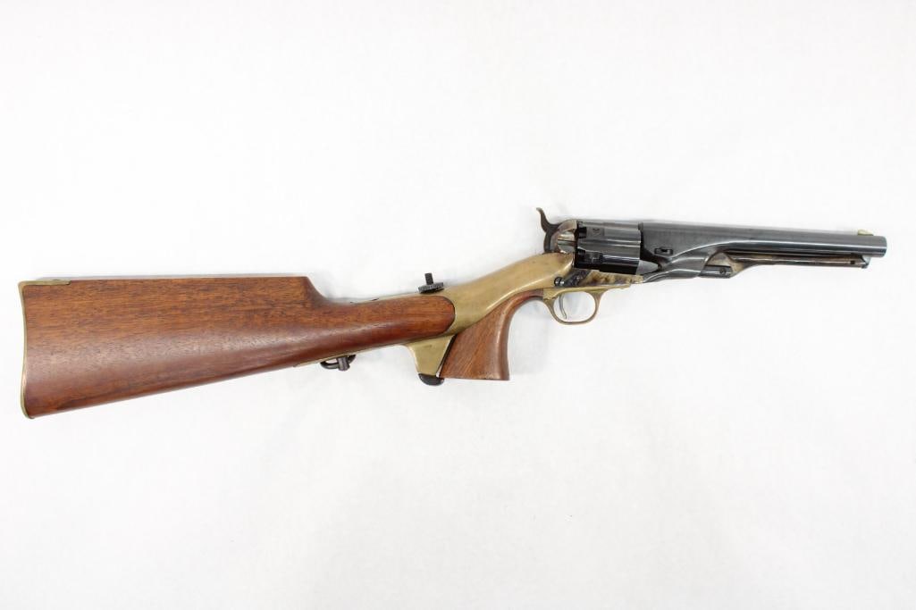 Belgium Colt 1960 New Model Army Percussion Single Action Revolver: s.n.. F549, .44 Cal. 7.5" barrel, w/ removable shoulder stock. Exempt