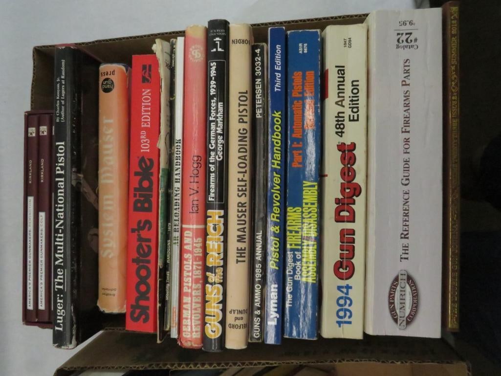 (2) Boxes of Asst. Gunsmithing Books: Including Gun Digest, Pistol & Revolver Handbooks, Mauser Self Loading Pistol, Hornady Hand Books