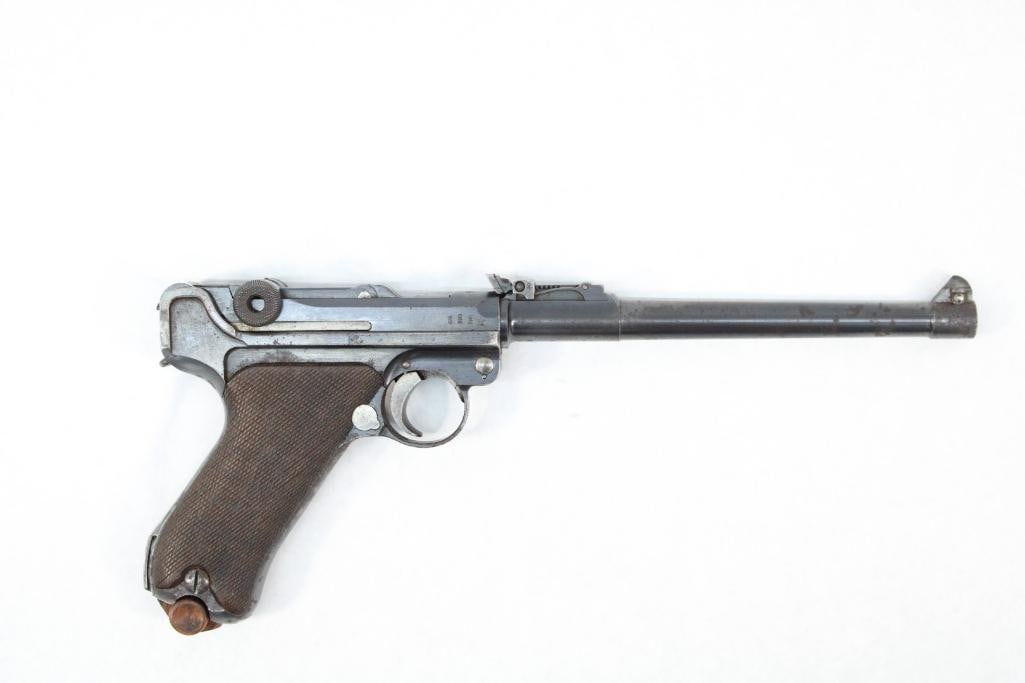 DWM Artillery Model P-08 Luger Semi-automatic Pistol: s.n. 9800, 9mm, 8" barrel, chamber dated 1916, visible numbers matching, good unmolested condition with some pitting at muzzle and frame. C&R (24-0542)