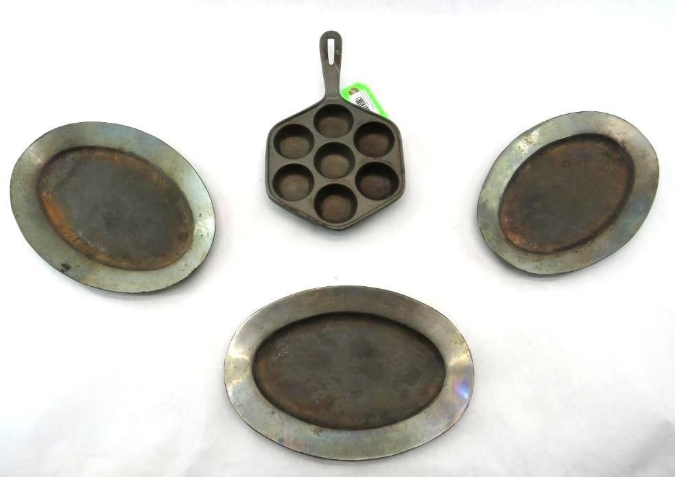 (3) Sizzle Plates & a Cast Iron Poacher of Bread Pan:  