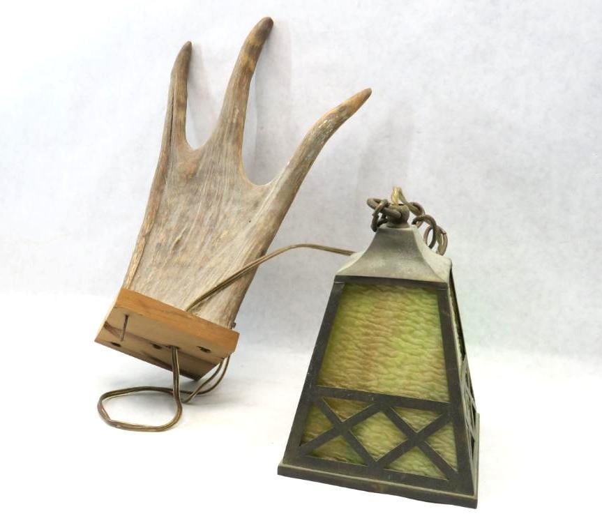 Arts & Crafts Slag Glass Light Fixture with Moose Antler Hanger (1 of 3)